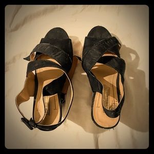 BCBG black strappy wedges